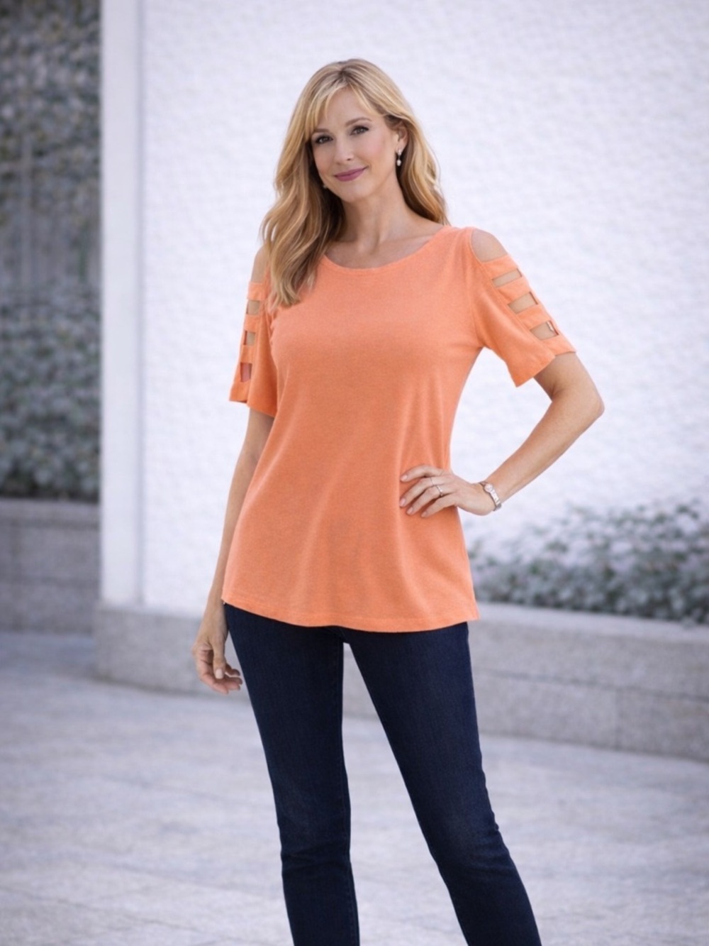 Peach Cold Shoulder Top Size M Cutout Sleeve Casual Blouse